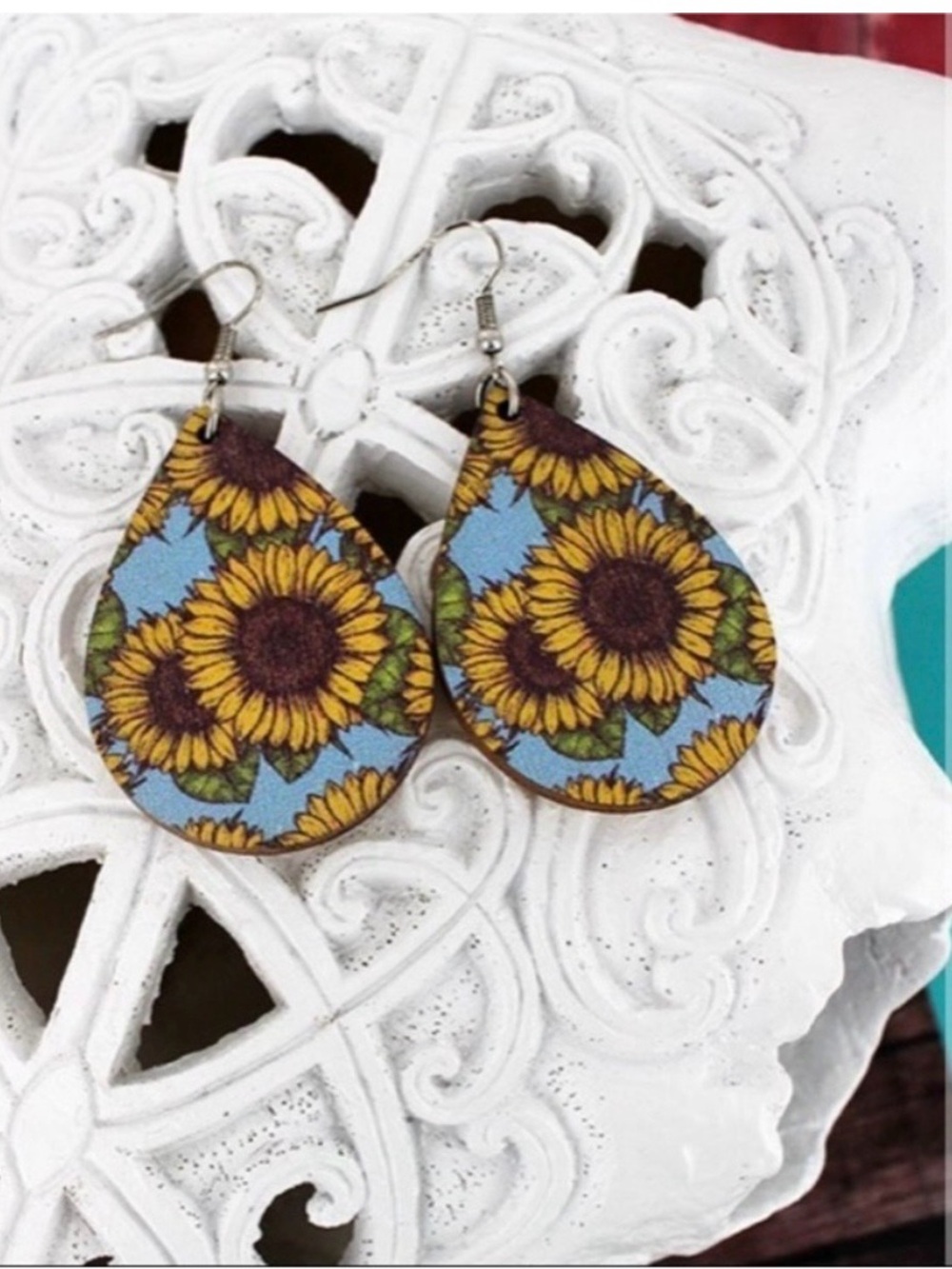 Blue Sunflower Teardrop Earrings